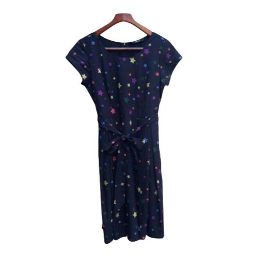 Eshaki Rainbow Star Modest Midi Tie Waist‎ Dress Cap Sleeve Scoop Full Sz 10